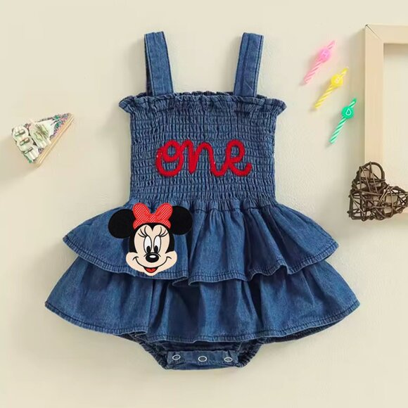 Denim Girl Dress First Birthday clothes Minnie Mouse outfit Disney Dress